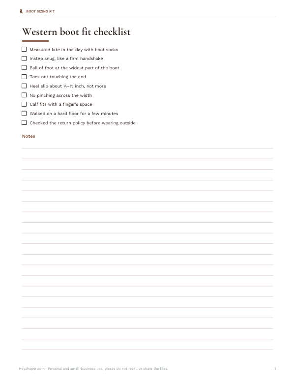 Preview of Printable Cowboy Boot Fit Checklist