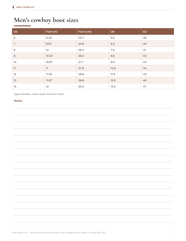 Preview of Printable Men’s Cowboy Boot Size Chart