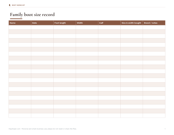 Preview of Printable Cowboy Boots Size Record