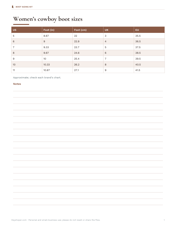 Preview of Printable Women’s Cowboy Boot Size Chart